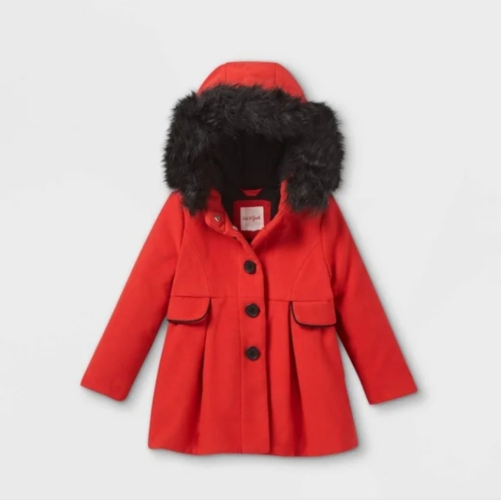 Red Kids Jacket with Faux Fur Hood